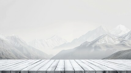Snow-Covered Mountains Behind Wooden Platform - A pristine white wooden platform foreground leading to a scenic view of snow-covered peaks in a cool tone