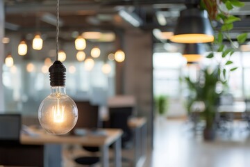 A light bulb hangs from the ceiling in an office, illuminating the workspace below with bright light - Powered by Adobe