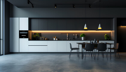 Interior of modern open plan kitchen with dining table and glowing lamps - obrazy, fototapety, plakaty