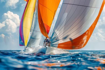  A group of sailboats competes in the ocean under the sunny sky, with colorful sails billowing in the wind © Ilia Nesolenyi