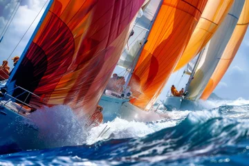 Deurstickers A group of sailboats fiercely racing in the ocean, competitors battling for position with colorful sails © Ilia Nesolenyi