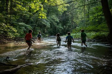 A group of individuals wade through a river in a dense forest setting