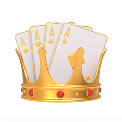 Four aces, symbolizing the best in poker, are nestled in a majestic golden crown with crimson accents, conveying a message of ultimate triumph and poker mastery. 3D render illustration