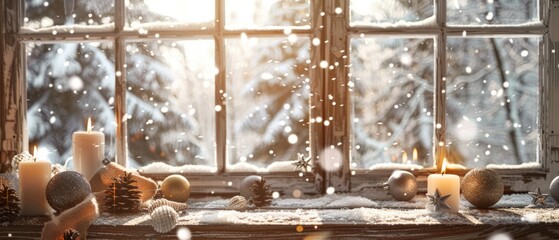 A window wooden frame, candles on the windowsill, Christmas decorations in beige tones inside the...