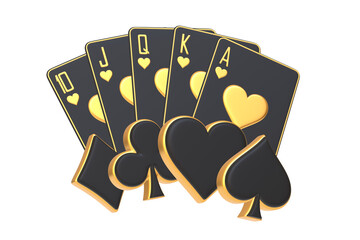A sleek royal flush in spades, adorned with elegant golden hearts and a striking white background, offers a luxurious take on traditional playing cards. 3D render illustration - obrazy, fototapety, plakaty