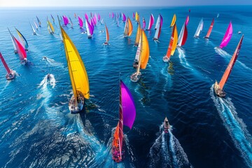 A high-angle shot capturing a large group of sailboats racing across the ocean in a regatta, displaying vibrant colors and intense competition