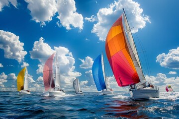 A group of sailboats with colorful sails billowing, racing in the ocean during a regatta
