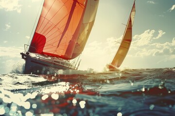Two sailboats compete neck and neck in the ocean on a sunny day, captured from a spectator boat - obrazy, fototapety, plakaty