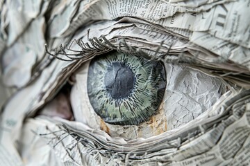 Detailed close up of an eye created from layered newspaper, showcasing the unique texture and intricate design