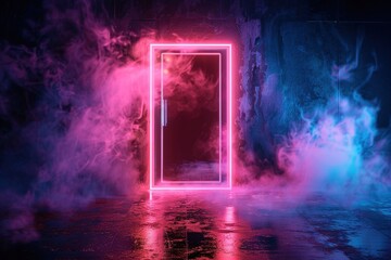 Abstract dark futuristic background with neon lights and smoke, Ai Generated