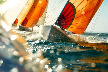 A group of sailboats fiercely compete in the ocean on a sunny day, showcasing their maneuvering skills in the MbBQ - obrazy, fototapety, plakaty
