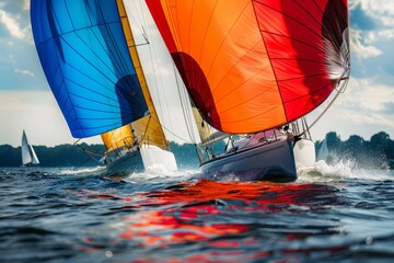 A group of sailboats engaged in a competitive race on the MbBQ waters, showcasing skillful maneuvers and intense competition between two boats - obrazy, fototapety, plakaty