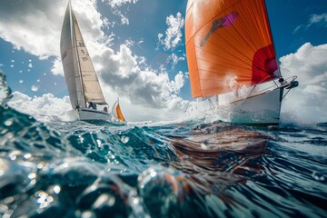 Two sailboats engage in a competitive race on a sunny day in the ocean, showcasing their maneuvering skills and speed - obrazy, fototapety, plakaty