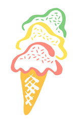 Ice Cream in a waffle cone drawing hand painted with ink brush. Png clipart isolated on transparent background