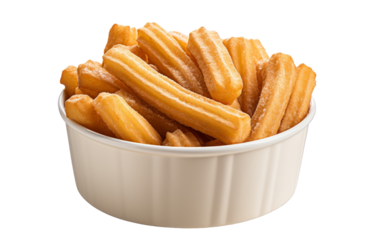 A bowl filled with golden crispy churros on a clean white background