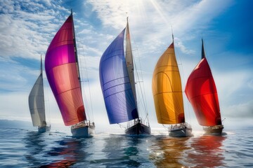 A group of colorful sailboats with racing sails, floating on the water in a regatta - obrazy, fototapety, plakaty