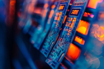 A detailed view of a slot machine with selective focus on the intricate details of the ticket payout system
