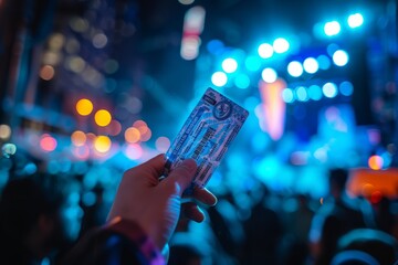 A person is holding up a ticket in front of a crowd, displaying it prominently - obrazy, fototapety, plakaty