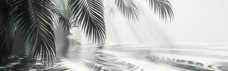 Beautiful abstract background concept banner summer vacation at the beach. Top view of tropical leaf shadows. The shadows of palm leaves on the white sand. - obrazy, fototapety, plakaty
