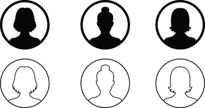 Business avatar profile black icon set. Collection women of user vector symbol in trendy flat or line style isolated on transparent background. Profile diverse face for social network or web.