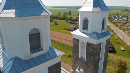 The Catholic Church of Our Lady of Ruzhantsova in the village of Radun. Belarus. Aerial view.