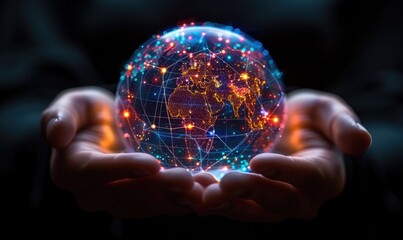 Hands holding a transparent globe with digital connections and nodes concept