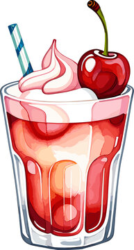 Delicious cherry float topping with cherry and whipped cream isolated cartoon png, watercolor drawing for cold drink, slushie recipe, summer, cherry trifle, refreshment, cocktail menu clipart