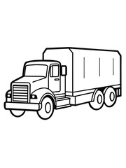 Fototapeta premium Semi-truck or box truck line art outline. Simple black and white illustration of a delivery truck, perfect for coloring pages and graphic resources.