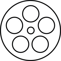 Film reel icon. Black movie reel icon in vintage style. Old retro reel with film strip line vector isolated on transparent background. Photographic, Curved film strip PNG.