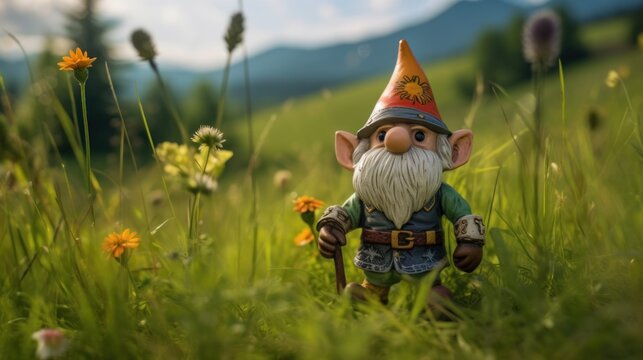 Garden gnome standing in green grass, AI generated