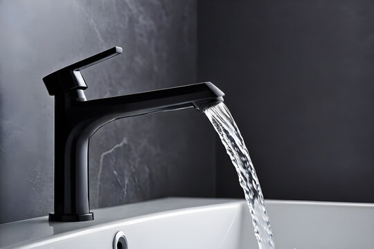 modern black minimalist faucet with white sink in black marble bathroom - Powered by Adobe