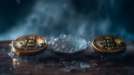 bitcoin on the table by ice - obrazy, fototapety, plakaty