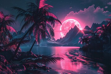 Fantasy landscape with palm trees and lake in the night, Ai Generated - Powered by Adobe