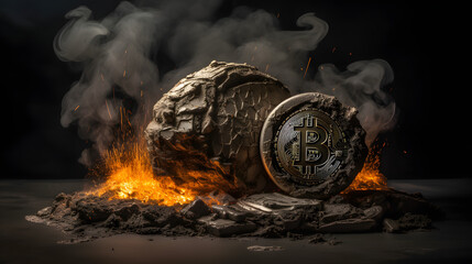 bitcoin smashed into sand by the fire - obrazy, fototapety, plakaty