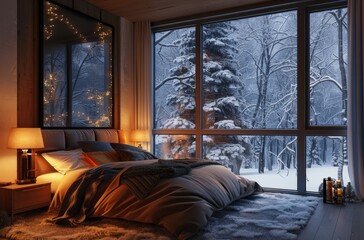 Cozy bedroom with bed, large window overlooking snowy landscape and winter scene