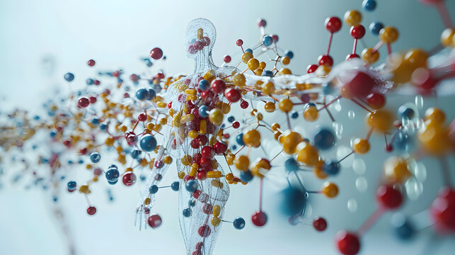 A conceptual image showcasing a human figure overlaid with a complex molecular structure, highlighting the biochemical aspect of life