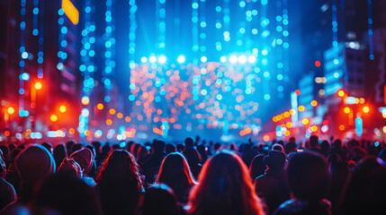 Silhouetted crowd at a concert, captivated by the dazzling stage lights and vibrant atmosphere of a...