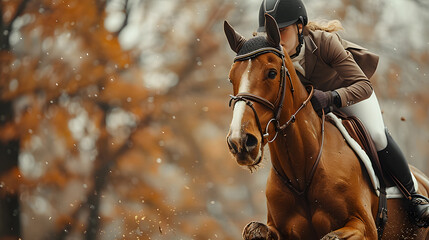 Focused equestrian rider on a bay horse, training amidst a backdrop of golden autumn leaves, capturing the essence of the fall season - obrazy, fototapety, plakaty