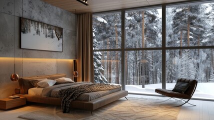 Cozy bedroom with large windows overlooking snowy forest, modern wooden bed and armchair