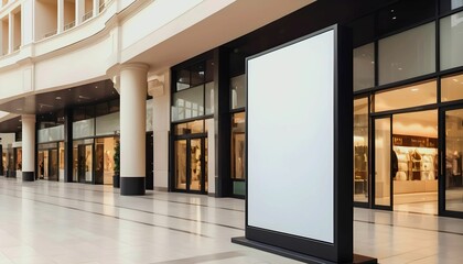 Empty white billboard digital sign poster mockup on outdoor luxury shopping mall for advertising, marketing, template created with generative ai
