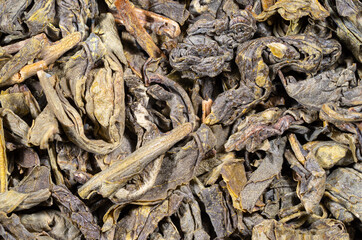 Set of various dried green tea herbs seen from above