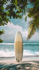Surfer's paradise with a surfboard on the sandy beach ready for adventure near the ocean and palms