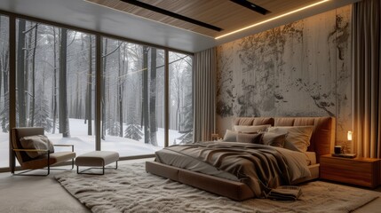 Cozy bedroom with large windows overlooking snowy forest, modern wooden bed and armchair