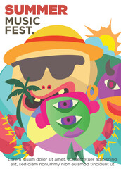 abstract icon mascot character wear straw hat and sun glass with sun and tropical siland concept. summer music festival template poster vector illustration