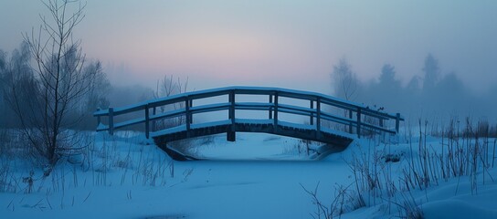 A bridge over the snow-covered ground, bathed in blue hues of twilight, stands as an iconic symbol against the backdrop of nature's winter beauty Generative AI