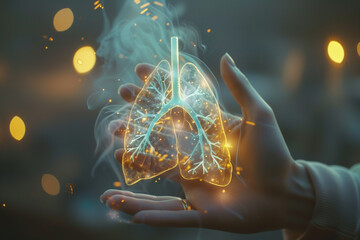Glowing Digital Lungs in Hands Against a Bokeh Background