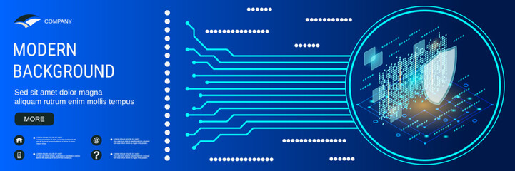 Digital technology banner vector design template. Data protection, information security flat 3d isometric concept