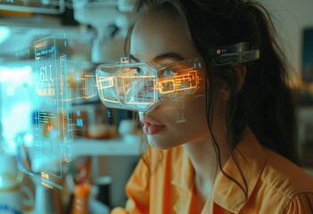 Woman wearing futuristic AR glasses in lab - A woman in a lab coat examines digital stats through augmented reality glasses, showcasing innovation