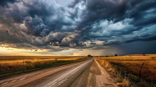 Stunning sunset with approaching storm over road - This image captures a dirt road leading towards an ominous stormy sky, indicating a brewing storm at sunset