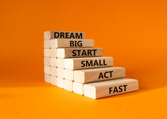 Dream Big Start Small Act Fast symbol. Concept words Dream Big Start Small Act Fast on wooden blocks. Beautiful orange background. Business concept. Copy space.
